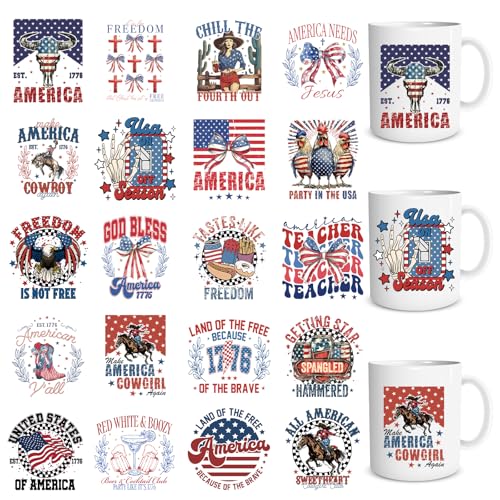 UV DTF Cup Wraps - 20 Sheets Independence Day UV DTF Wraps for 16 OZ Glass Cups, 4th of July American Flag Bow UV DTF Stickers, USA Patriotic Rub on Transfer Decals for Water Bottle Mug - style: Independence Day