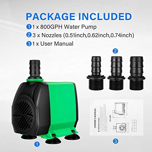 Simple Deluxe 10ft High Lift 800GPH 24W Submersible Pump (3000L/H) with 3 Size Nozzles for Fish Tank, Pond, Aquarium, Statuary, Hydroponics, Fountain, Green - size: 800GPH-Standard
