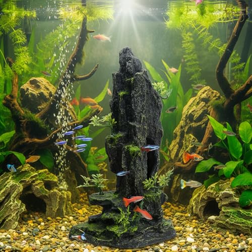 14.4" Tall Aquarium Cave Decor, Large Resin Mountain Hideout with Artificial Plants, Rock Shelter for Betta & Cichlid, Landscape Ornament for 20-40 Gallon Freshwater & Saltwater Tank