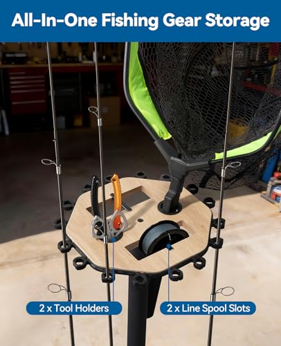 KEXMO Mobile Fishing Rod Holder Pole Rack for Garage, 360 Degree Lockable Wheels, Rigging Station, Heavy-Duty Steel Space-Saving Floor Stand, Holds 16 Combos, Fishing Gear Storage, Natural Wood Grain - color: Natural Wood Grain