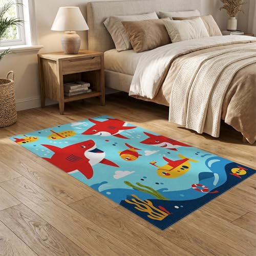 5'x7' Washable Kawaii Shark Area Rug, Red Flatwoven Floor Covering for Dining Room, Under Table, Home Office, Non-Slip Chair-Friendly Carpet | Ref:2070041 - color: Blue/Pattern 18, size: 5' x 7' (Rectangular)