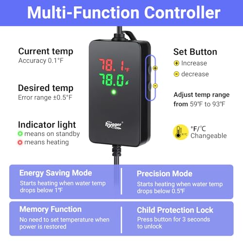 hygger ECO Precise Aquarium Submersible Heater, 300W for 40-60 Gallon Fish Tank Heater with Digital Display Adjustable Controller for Saltwater Freshwater - size: 300W for 40-60 Gallon