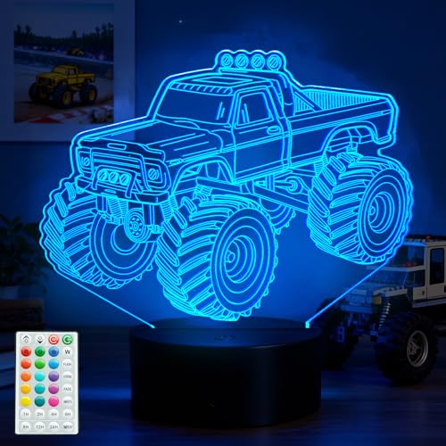 Monster Truck Night Light, Monster Truck Gifts, 3D Illusion Lamp with Remote Control, 16 RGB Colors, 4 Flashing Modes, Timer, Dimmable, Kids Room Decoration for Holiday Birthday Christmas - color: Color 7