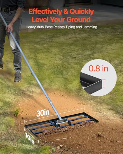 VEVOR Lawn Leveling Rake, Lawn Leveler with 83.9 in Handle, 30x10 in Ground Plate, Rust-Resistant Carbon Steel Soil Leveler, 3 Heights Adjustable, Effort Saving Lawn Leveling Tool for Yard Golf Court - size: 30"x10", style: Classic: Carbon Steel