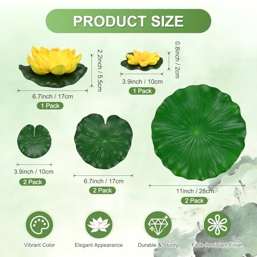 M METERXITY 1-Set Artificial Floating Foam Lotus Flower with Water Lily Pad, 4/7/11 Inch Fake Lotus Flowers Water Lilies for Pool/Fountain/Garden Decor, Pond Plants Ornaments [Yellow] - color: Yellow, size: 6.7/3.9 Inch