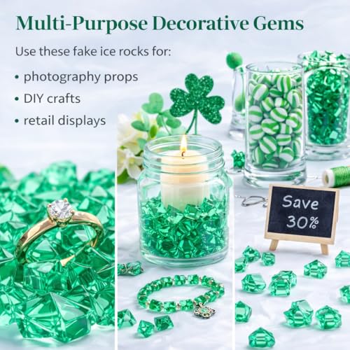 PMLAND Green Fake Ice Rocks – 550 PCS Large Acrylic Crushed Ice Gems, 3 LB Bulk Vase Filler for St Patrick’s Day Decor, Wedding Centerpieces, Aquarium Decorations, Table Scatter, Photography Props - color: Green