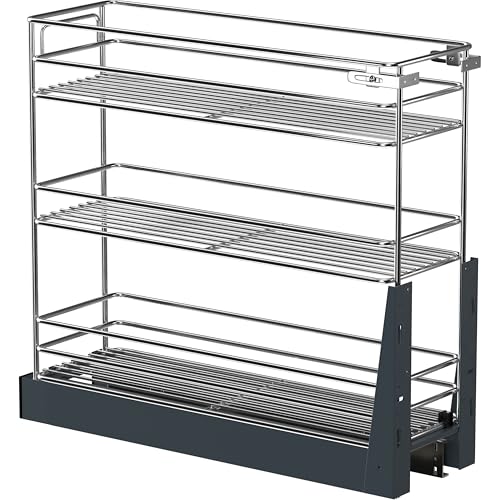 JOWBOOW 10 Inch Pull Out Cabinet Organizer (9.6" W), Fully Assembled Heavy Duty 3 Tier Slide Out Spice Rack, Door Mount Pantry Storage with Tall Guardrails, 100 LBS Capacity for Base Cabinets - size: 10"W Bottom-Mount (Min 11" Opening)