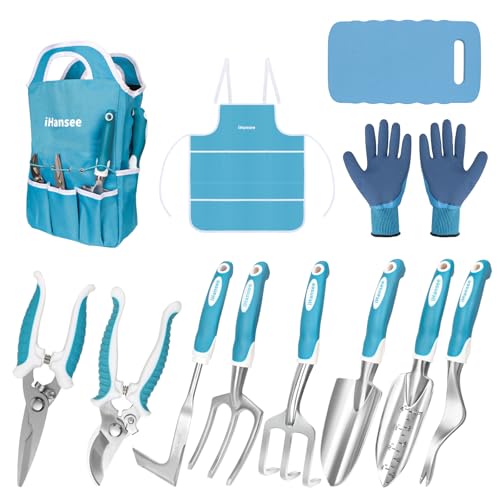 Blue Garden Tool Sets 12-Piece, Aluminum Gardening Hand Tools w/Ergonomic Handle, Garden Supplies Organizer Handbag, Kneeling Pad, Apron and Gloves, Gift for Women, Garden Starter Kit for Women - style: blue
