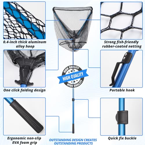 Retractable Extra Long Landing Net - 81" Large Fishing Net with Telescoping Handle, Rubber Coated Polyethylene Netting - Easy Folding