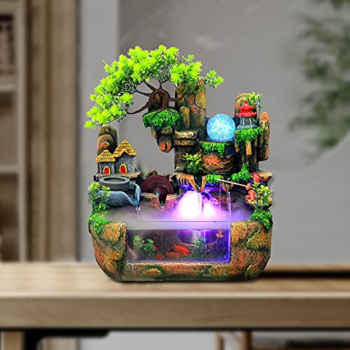 Tabletop Waterfall Fountain with Rockery, Mini Silent Indoor Ornament Desk Water Fountain Desktop Simulation Resin with Atomizer LED Small Fish Tank for Office Bedroom Home Decor Fisherman - color: Style 1