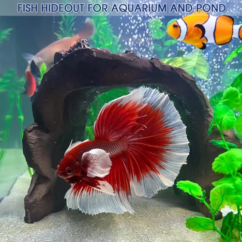 Faux Log Fish Cave, Fish Hide & Aquarium Cave for Koi Pond Decor All-Weather Predator Protection Shelter Durable Pond Decorations for Ponds, Aquariums and Terrariums