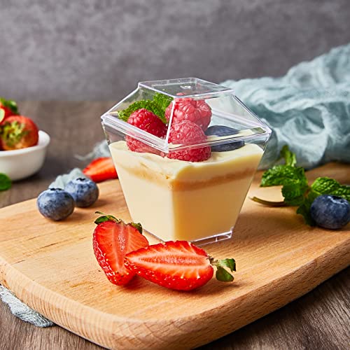 50 Pack 3.5 oz Mini Dessert Cups with Lids and Spoons - Parfait Cups with Lids Plastic Square Shooter Cups for Party Appetizers Pudding Mousse Triffle