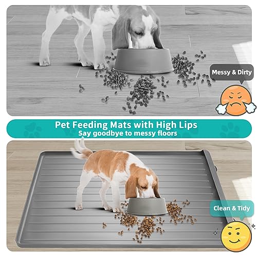Dog Mat for Food and Water - 39.4" x 27" Large Pet Feeding Mats with Residue Collection Pocket - Waterproof Dog Cat Bowl Mat with High Edges to Prevent Water and Food Spills (Light Grey) - color: Light Grey