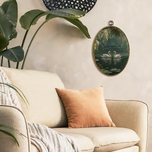 XFCICRLJ Vintage Swan Wall Art Decor, Rustic Elegant Animal Lake Landscape Oval Canvas Prints Framed, Moody Cottagecore Antique Wall Art Decorations for Home Bedroom Living Room Decor, 11x8.5 Inch - color: Swan03