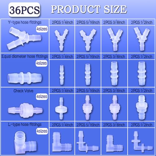 36Pcs Check Valves kit, 16-Size Plastic Hose Barb Fittings Assortment and Check valve, L Fitting, Y Fitting, one way valve for liquid, Gas, oils tubing (1/4", 5/16", 3/8", 1/2")