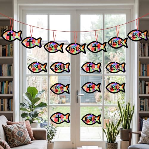 48PCS Sunday School VBS Crafts Bulk: Paper Jesus Fish Nativity Suncatchers, Religious Christian Activity DIY Kits Church Decorations, Window Stained Glass Effect Art Supplies - style: jesus fish