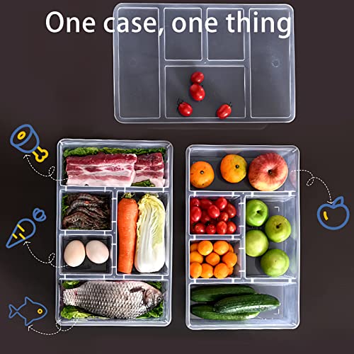 MANO 2 Pack Divided Veggie Tray with Lid - 5 Compartment Clear Snack Containers for Fridge, Stackable Produce Saver Storage for Fruits, Vegetables, Meat & Fish