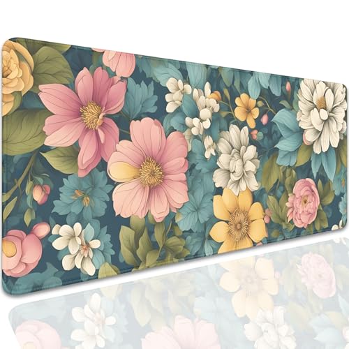 Colorful Flowers Desk Pad Mouse Pad,Large Floral Mouse Mat with Stitched Edges,Non-Slip Rubber Base Mousepad for Office PC Keyboard Laptop and Home Work Desk Mat(27.5X11.8 in) - color: Colorful Flowers
