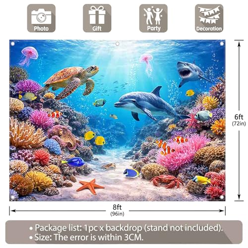 Fabric 8x6ft Under The Sea Photography Backdrop Ocean Underwater World Animals Tropical Fish Dolphin Turtle Mermaid Sunlight Background Kids Party Decorations Photo Props - size: 8'x6'