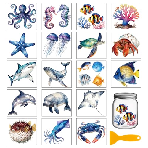 GLOBLELAND 18 Sheets Ocean Animals Transfer Stickers 3.9x3.6 Inch Summer Colorful Transfer Decal Octopus Jellyfish Rub on Transfer for Cup Decal Vase Glass Art Crafts Decorations - style: Ocean Animals