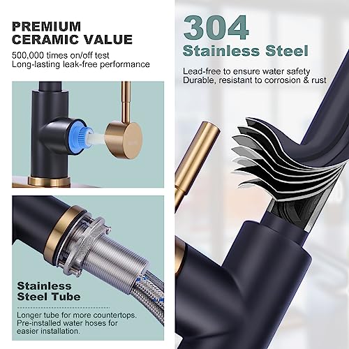 Black and Gold Kitchen Faucet with Sprayer, WOWOW Kitchen Sink Faucet Stainless Steel Single Handle Kitchen Faucets with Deck Plate, 360 Swivel High Arc Single Hole RV Kitchen Faucet - color: Black & Gold, style: Kitchen Faucet
