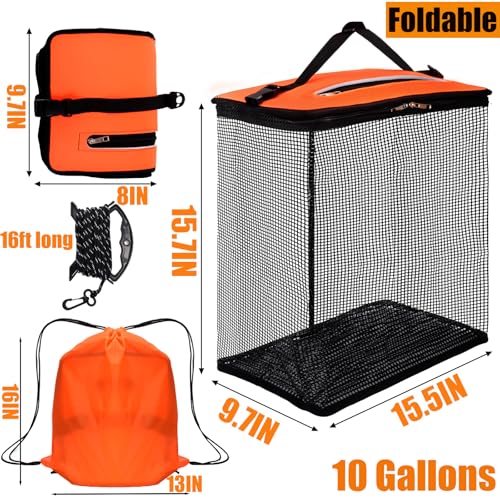 Cedilis Large Floating Fishing Basket for Live Caught Fish, Foldable Floating Fish Net Cage, Collapsible Nylon Mesh Fishing Bag Bait Pen, Portable,10 Gallons, Easy to Clean