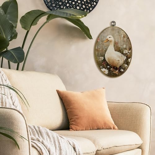 XFCICRLJ Vintage Farmhouse Duck Wall Art Decor, Rustic Country Duck Oval Canvas Prints Framed, Cottagecore Wildflower Farm Animal Wall Art Decorations for Home Bedroom Living Room Decor, 11x8.5 Inch - color: Duck02