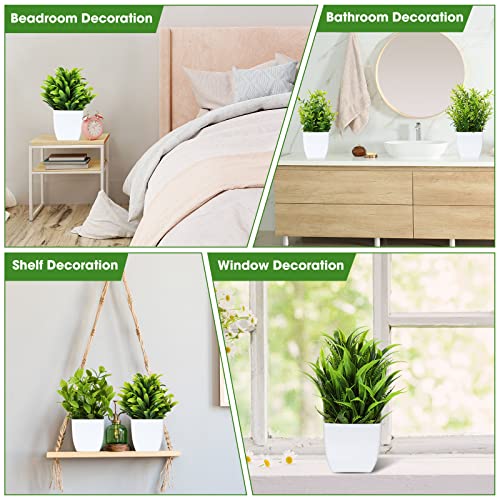 12 Pcs Fake Plants Small Artificial Faux Plants for Shelf Mini Plastic Potted Greenery for Home Office Desk Bathroom Bedroom Indoor Decor(White Pot,Green)