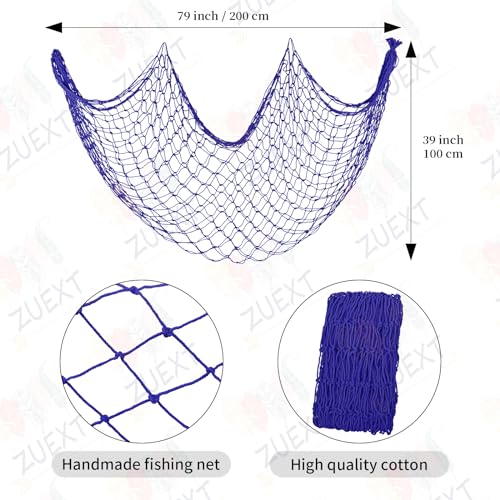 ZUEXT Dark Blue Decorative Fishing Net 80x40 Inch, 2PCS Picture Fish Net, Mermaid Net Cotton Fishnet Wall Hanging Decor for Hawaiian Nautical Beach Party, Fishnet Photo Display Sea Themed FishNet - color: Dark Blue, size: 80" x 40" - 2 Pack