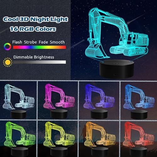 Excavator 3D Illusion Lamp for Kids, Excavator Night Light, Construction Vehicle Gifts with RGB 16 Colors Changing, Remote Control, Dimmable, Kids Room Decoration, Xmas Gifts - color: Color 5