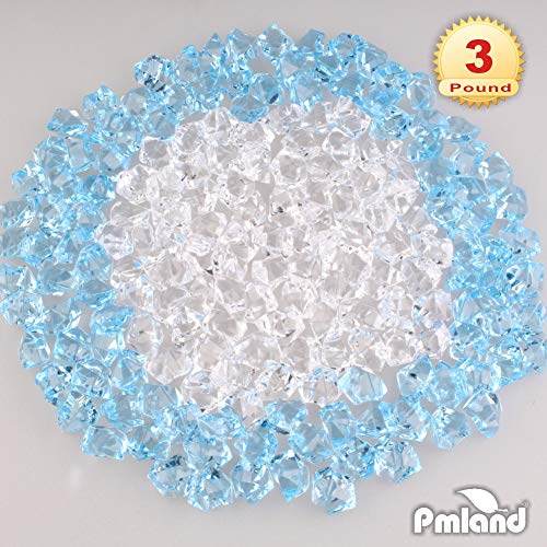 PMLAND Clear Fake Ice Rocks – 550 Pcs Large Mixed Light Blue Acrylic Gems Crushed Plastic Diamonds, 3 Lbs / 2.25 Quarts Bulk Vase Filler for Centerpieces Wedding Theme Décor Aquarium Table Scatter - color: Light Blue/Clear Blend