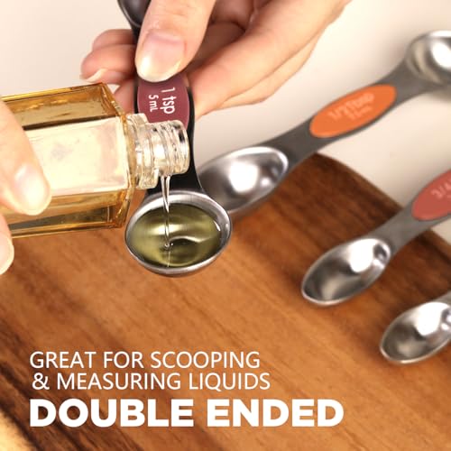 ChefAide Pack of 8 Stainless Steel Magnetic Measuring Spoons Set, Dual Sided, Stackable, Adjustable Teaspoon and Tablespoon Measure Spoon with Leveler, Kitchen Gadgets - color: Multicolor-3, size: Magnetic Measuring Spoons