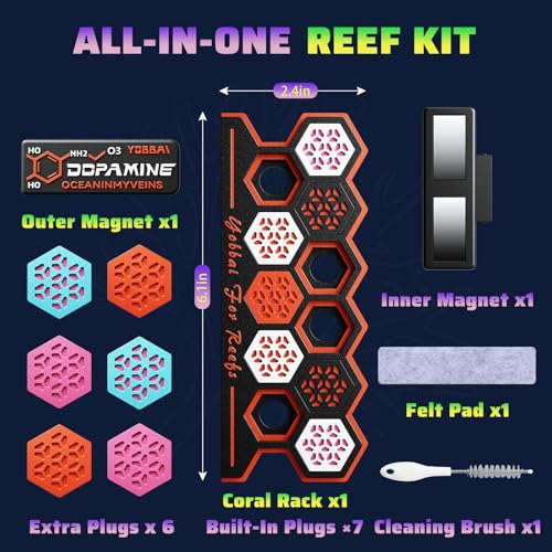 YOBBAI Magnetic Coral Frag Rack for Reef Tank, Saltwater Aquarium Frag Holder with 11 Slots & 13 Frag Plugs, Strong Magnet Glass Mount (Up to ~2cm), Multi-Use Aquarium & Hydroponic Plant / Reptile Display Stand - color: Neon Orange-Black