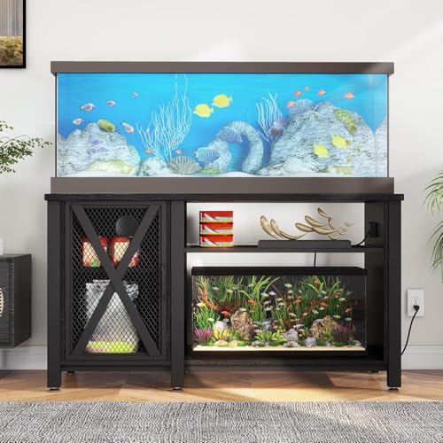 YITAHOME Heavy Duty 55-75 Gallon Aquarium Stand with Power Outlets, Cabinet for Accessories Storage - Metal Fish Tank Stand Suitable for Fish, Turtle Tank, 880LBS Capacity, Black - color: Black, size: 55-75 Gallon