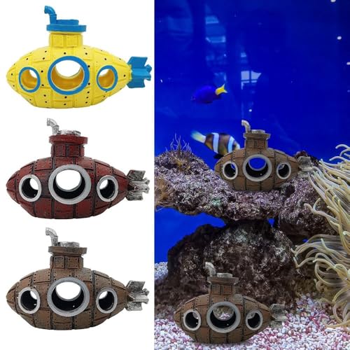 Fish Tank Decoration Craft Aquarium Ornament Pet Supplies Fish Shrimp Hiding Home Decoration Broken Submarine Design(Yellow)