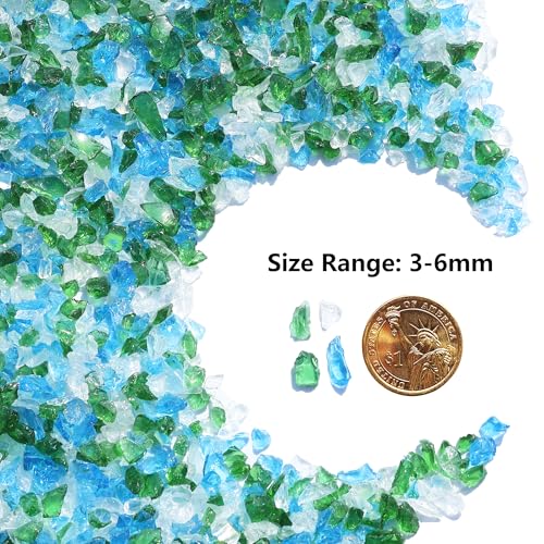 QYGL Crushed Glass - 2.1LB Green Mixed Broken Glass Pieces 3-6mm, for Resin Art, DIY Crafts, Home Decor, Vase Fillers, Tabletop Fire Pit, and Aquarium Rocks - color: Green, Aquamarine, White