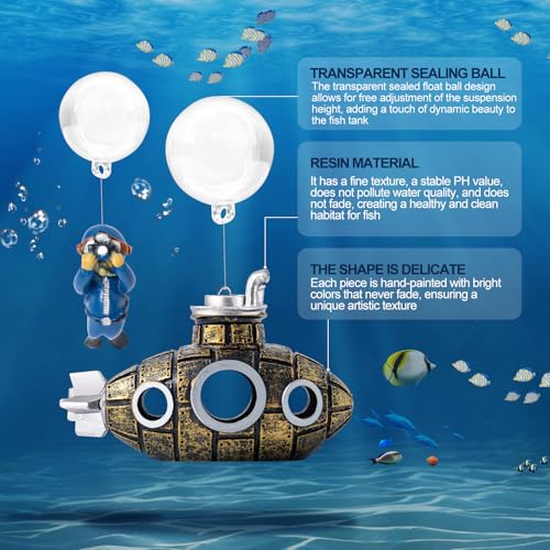CousDUoBe New Upgrade Floating Fish Tank Decoration, Cute Retro Submarine Set and Floating Diver,Three Float Balls, Aquarium Decorations Resinous Betta Fish Tank Accessories - color: Gilding
