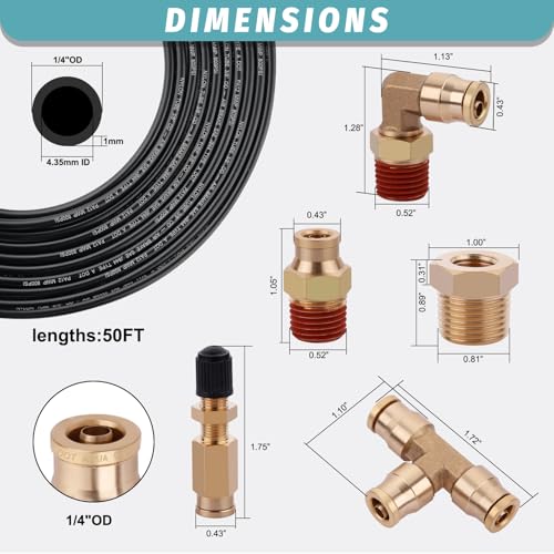 50FT 1/4 Air Hose Brass Fittings Kit 11pcs 1/4" OD Quick Push to Connect DOT Brass Fittings 1/4 SAE J844 PA12 Nylon Air Line Tubing with Cutter for Air Suspension Kit Truck Trailer Brake System - size: 1/4“OD 50FT KIT