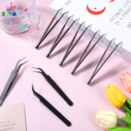 10 Pieces Tweezers for Crafting Stainless Steel Curved Pointed Tweezers Precision Sticker Tweezer with Protective Cover for Eyelash Extensions Stickers Rhinestones Crafts (Black) - color: Black