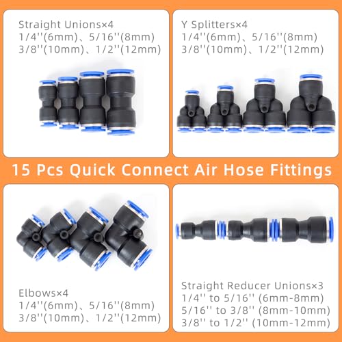 Push to Connect Fittings Air Line Disconnect Tool Kit Push Fitting Removal Tool for 1/4”, 5/16”, 3/8”, 1/2” (6mm, 8mm,10mm,12mm) Quick Connect Release Pliers with 15 Pcs Pneumatic Fittings