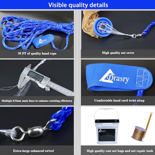Drasry Saltwater Fishing Cast Net for Bait 3/8 1/4 or 1/2 with Heavy Sinkers Fish Trap Throw Net. Size 3ft/4ft/5ft/6ft/7ft/8ft/9ft/10ft Radius Freshwater Nets - size: 6FT (180cm) Radius, style: Lead Sinkers-0.5 in Mesh-tire Lines