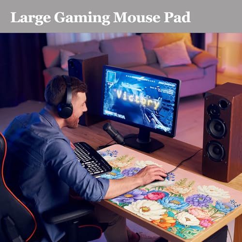 Desk Pad Peony Flowers, Desk Matt for Desktop Women Girls Floral Gaming Mouse pad Extend XXL Large Anti-Slip with Stitched Edges Waterproof Computer Laptop Keyboard Mat for Gaming, Home, Work, Office - color: Peony Flowers, size: 31.5" x 15.7"