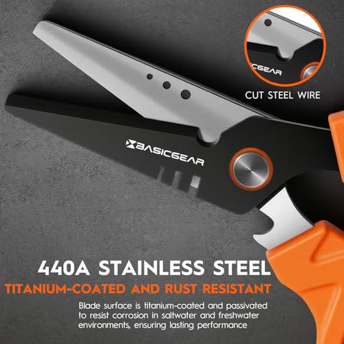 BasicGear Fishing Multi-Tool Scissors – Titanium-Coated, Stainless Steel, Multi-Tool Cutter with Hook Adjuster, Screwdriver, Bottle Opener, Sheath & Non-Slip Grip for Saltwater or Freshwater Use - color: 440a Stainless Steel