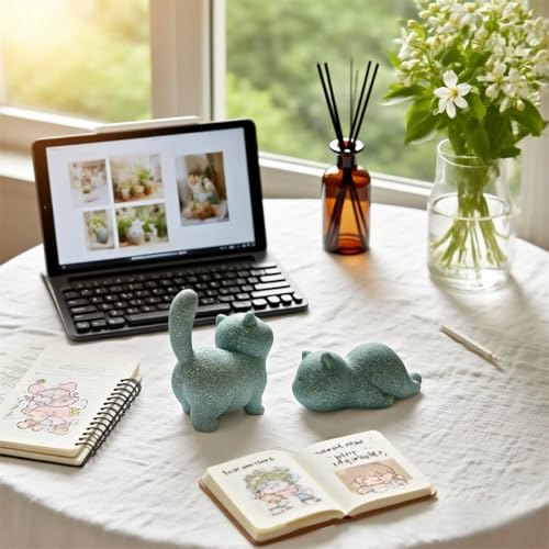 livelyfish Cute Cat Figurine Lucky Cat Statue Sandstone Animal Sculpture Tea Pet Tabletop Ornaments Micro Landscape Fairy Garden Aquarium Decor (B) - color: B