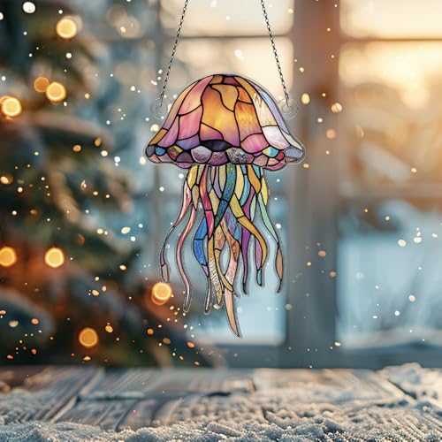 Jellyfish Ornaments Decor for Window Hanging, Jellyfish Lover Gifts for Women Men, Sea Animal Home Wall Room Decorations, Christmas 2D Flat Acrylic Ornamnet - size: 4in