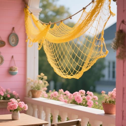 2 Pack Fish Net Decorations for Party,Natural Cotton Hawaiian Party Fishing Net Decorative, Nautical Themed Cotton Fishnet Under The Sea Pirate Ocean Beach Decor - color: 2pack-yellow