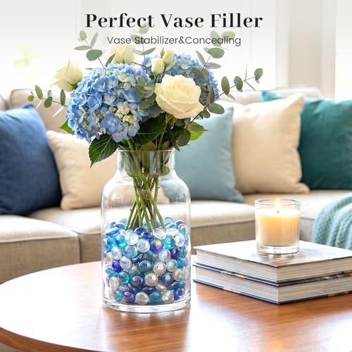 FUTUREPLUSX 1LB Iridescent Flat Glass Marbles, Vase Fillers Blue Mixed Glass Beads Rocks for Fish Tank Aquarium Decor DIY Craft - color: Iridescent Blue