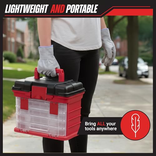 Portable Tool Box - Small Parts Organizer with Drawers and Customizable Compartments for Hardware, Fishing Tackle, Beads, or Crafts by Stalwart (Red)