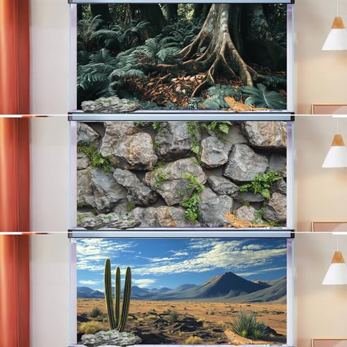 COMSUN 3 Pack Terrarium Background, 30x18 inches Polyester Reptile Background, Cloth Terrarium Background, Tropical Green Tree Fern & Gobi Desert Sunshine Cactus Rock Terrarium Background - size: 30x18 Inch