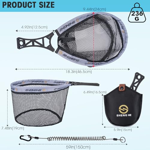 THKFISH Fly Fishing Landing Net, Foldable Landing Trout Net with ABS Handle,Rubber Coated Mesh Trout Net with Tackle Bag for Trout Bass Catch and Release, Portable Fly Fishing Gear,M/L